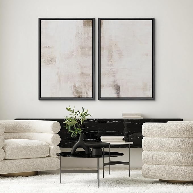 SIGNWIN Framed Canvas Print Wall Art Set Neutral Abstract Soft Beige and White Illustrations Modern Art Minimal Relax/Calm for Living Room, Bedroom, Office - 24"x36"x2 Black