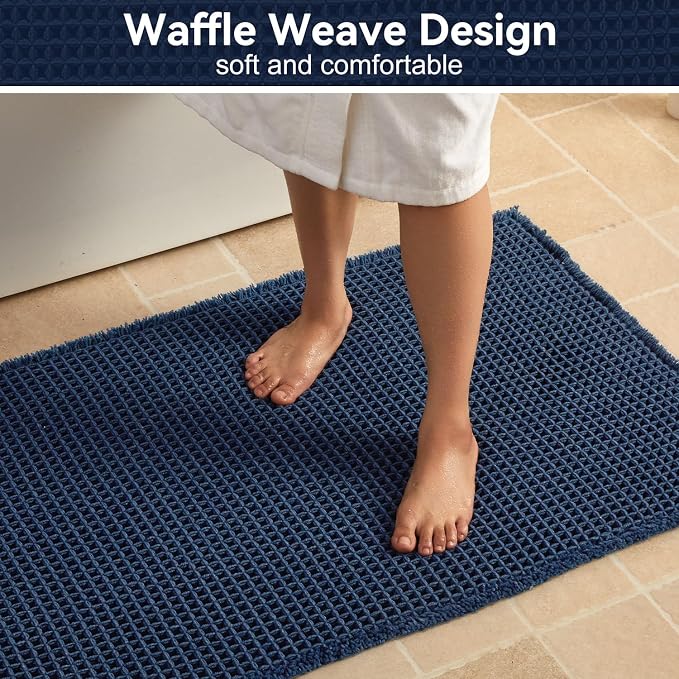 Triohero Waffle Bath Mat, Boho Bathroom Rugs Non Slip Washable, Ultra Soft Super Absorbent Quick Dry Farmhouse Bathroom Decor, 24" x 36", Navy Blue