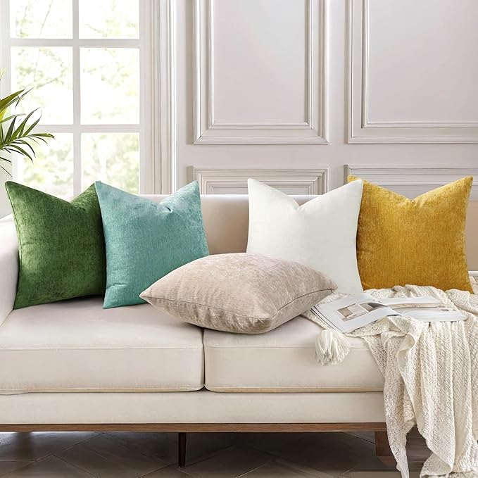 decorUhome Chenille Aqua Haze Throw Pillow Covers 22x22 Inch Set of 2, Decorative Soft Couch Pillow Covers Solid Dyed Accent Farmhouse Neutral Square Pillow Cases for Sofa