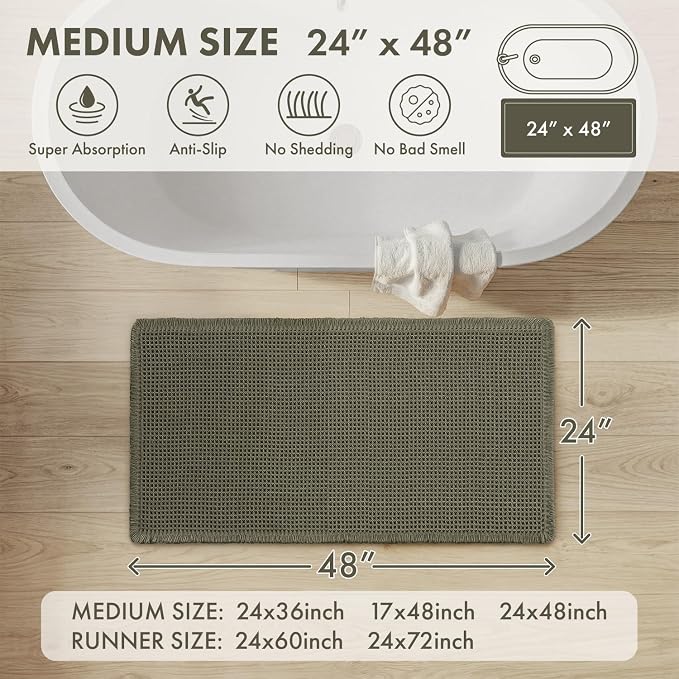 MIULEE Waffle Bathroom Runner Rugs, Super Absorbent Non Slip Bath Rug, Upgraded Soft Quick Dry Washable Boho Long Bath Mat with Tassels for Hallway Laundry Room Bedroom, 2'x4' (24"x48"), Green