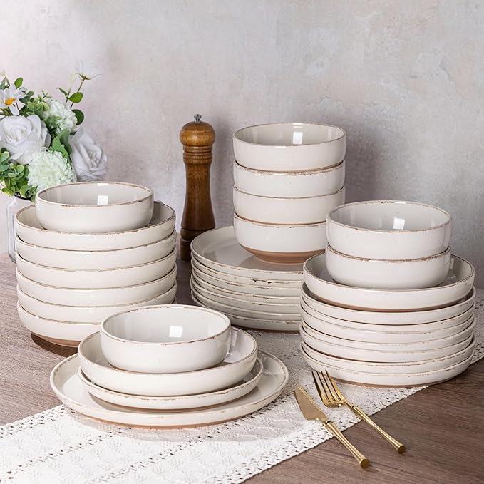 AmorArc Ceramic Dinnerware Sets with Pasta Bowls for 8, Handpainted Plates and Bowls Set with Rustic Terracotta Underside, Scratch Resistant Dishes Set, Dishwasher & Microwave Safe, 32 Pcs