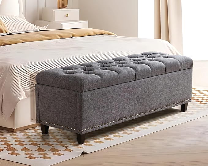 Grepatio Storage Ottoman Bench for Bedroom - 51" Tufted End of Bed Storage Benches with Foot - Upholstered End of Bed Bench - Large Rectangular Bed Ottoman Benches for Living Room Bedroom (Grey)