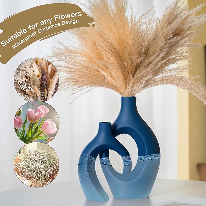 Lvases Snuggle Hollow Ceramic Vase Set of 2, 11Inch Nordic Modern Boho ins Style Decorative Ceramic Aesthetic Flower Vases for Home Decor Living Room Shelf Table Decorative (Matte Navy Blue)