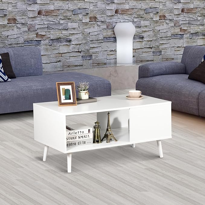 ZenStyle Mid Century Modern Coffee Table, Wooden Retro Coffee Table with Open Storage Shelf for Living Room, Reception, Easy Assembly (White)