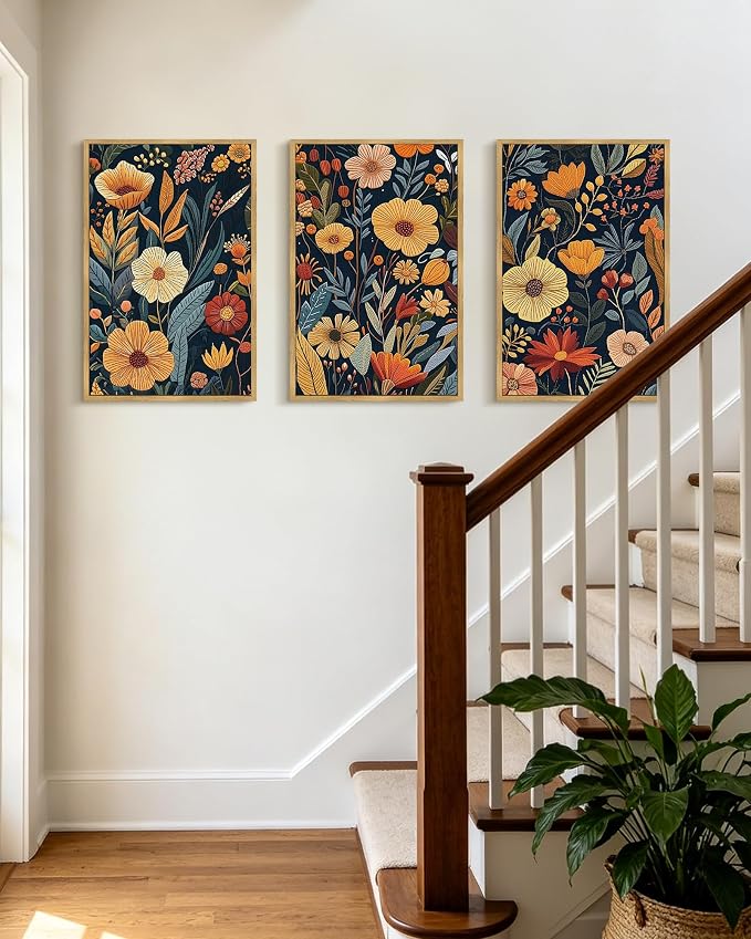 PHOPAGO Vintage Flower Framed Wall Art 16x24in Set Boho Colorful Floral Wall Decor Retro Botanical Wildflower Modern Art Prints Room Decor - Natural Framed