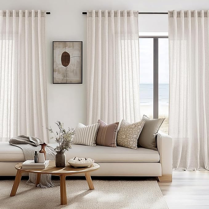 ANRODUO Cream Back Tab Linen Curtains 102 Inch Length 2 Panels for Living Room Extra Long Light Filtering Semi Sheer Curtain Drapes for Bedroom Neutral Farmhouse Decor Natural Ivory Colored