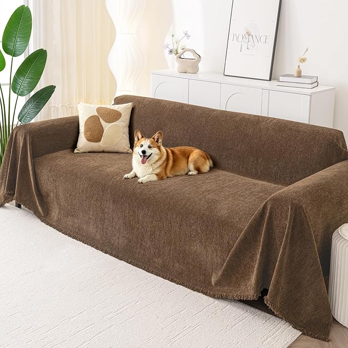 Smiry Couch Cover for Dogs, Washable Chenille Sofa Covers for 3 Cushion Couch, Soft Sofa Slipcover for Pets, Thick Sectional Furniture Protector with Tassels (Chocolate, 71x118 Inch)
