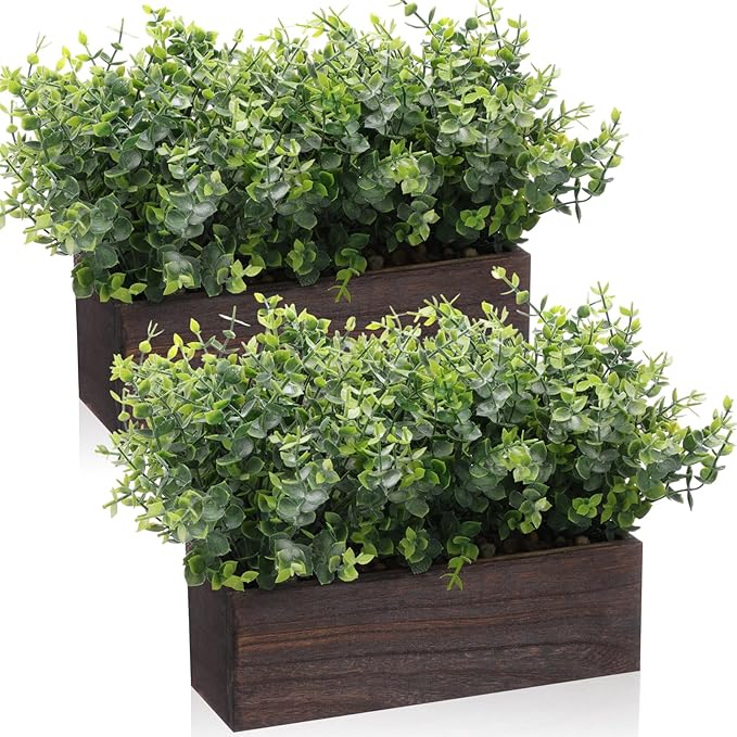 Lyrow 2 Pack Artificial Eucalyptus Plant in Rustic Rectangular Wooden Planter Box Greenery Faux Potted Herb Plant for Indoor Wedding Table Centerpiece(Green,11.4 x 3.7 x 7.8 Inches,Retro Style)