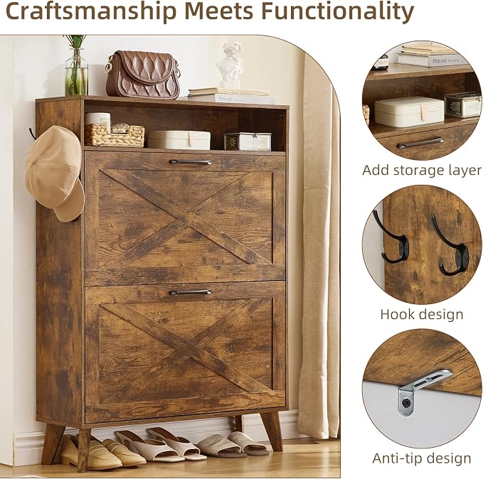 Joaxswe Shoe Cabinet Storage for Entryway with 2 Flip Drawers 2 Hook Open Storage Layer Rack Narrow Organizer Slim Hidden Wood Shoe Cabinet Furniture Rustic Brown