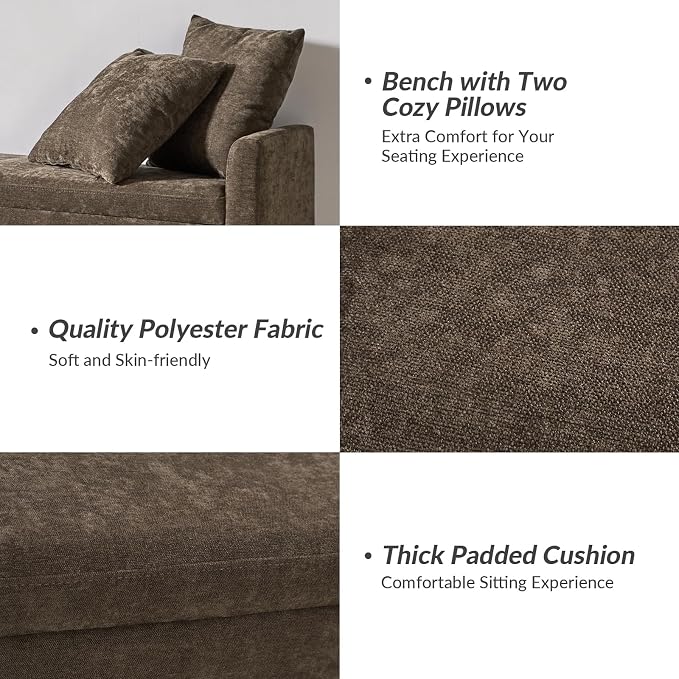 HULALA HOME 59" Storage Bench with 2 Throw Pillows, Modern Long Bedroom Bench for End of Bed, Comfy Upholstered Footstool for Entryway Living Room, Taupe