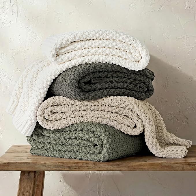 EVERGRACEHOME Chunky Chenille Knit Throw Blanket for Couch, Soft Luxurious Moss Stitch Blankets for Bed, Cozy Decorative Farmhouse Knitted Throws for Sofa, Dried Thyme Green, 60" x 80"