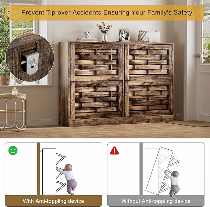 Shoe Cabinet Storage for Entryway with 4 Flip Drawers, Slim Shoe Rack Cabinet with Stylish Handwoven Panel, Farmhouse Shoe Organizer Cabinet for Hallways, Living Rooms, Rustic Brown