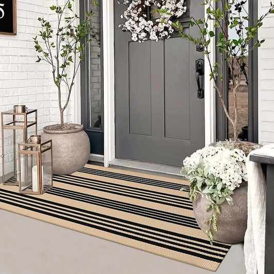 Striped Outdoor Front Door Mat 24"x51", Cotton Hand Woven Washable Black and Khaki Rug Runner, Reversible Foldable Indoor Layered Front Door Rugs for Entryway/Farmhouse/Home Entrance