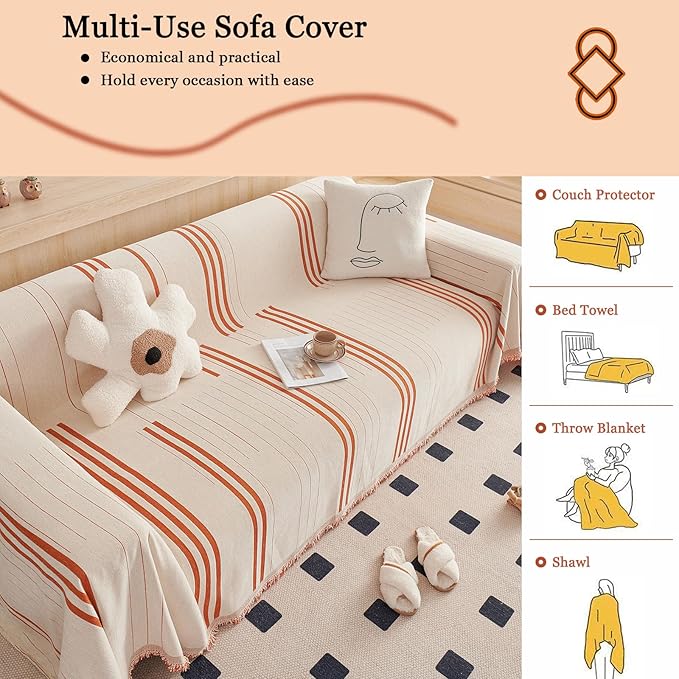 DREAMINGO Couch Cover Reversible Chenille Furniture Protector Sofa Covers for Pets Kids Beige Orange Couch Cover for 3 Cushion Couch Sofa Vertical Stripe Jacquard Sofa Slipcover Sectional, 71"x134"