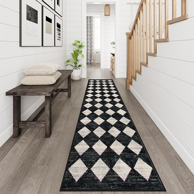 Lahome Zelie Checkered Washable Rug Runners for Hallways Non Slip,2x10 Black Kitchen Bathroom Runner Rug,Trellis Low Pile Indoor Carpet Runner for Bedroom Entryway Foyer(2'x10',Black)