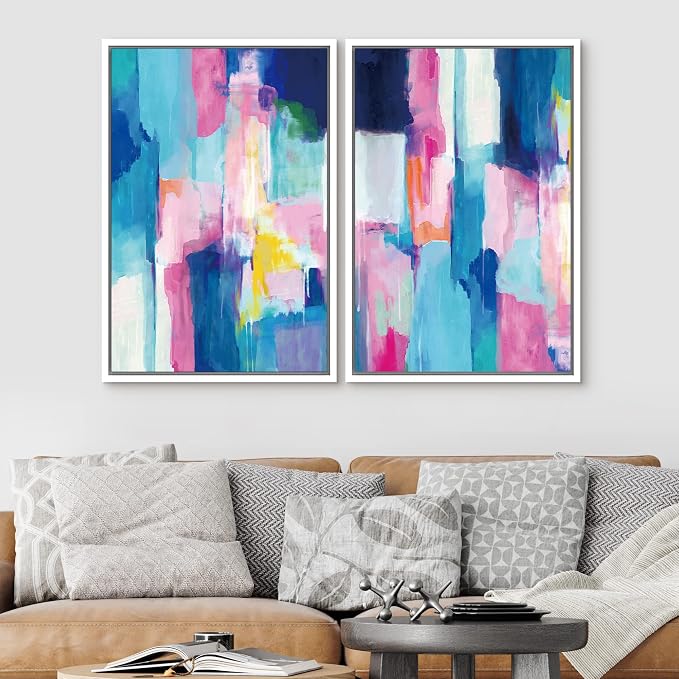 SIGNLEADER Canvas Print Wall Art Set Pastel Blue and Pink Color Blocks Geometric Shapes Illustrations Modern Art Contemporary Colorful for Living Room, Bedroom, Office - 16"x24"x2 WHITE