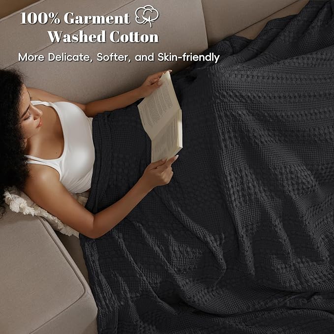 PHF 100% Cotton Waffle Weave Blanket Queen Size for Bed, Soft Lightweight & Breathable for Spring and Summer, All-Season Comfort, Luxury Aesthetic Blanket for Home Decor, 90"x90", Black