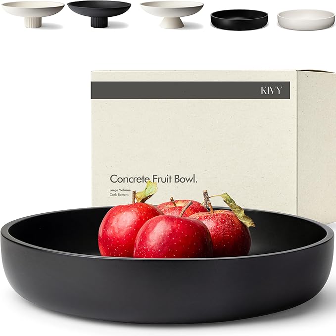 KIVY Concrete Fruit Bowl for Kitchen Counter - Large Decorative Bowl for Home Decor - Modern Key Bowl for Entryway Table - Concrete Bowl - Decorative Bowls for Home Decor - Black Fruit Bowl Decor