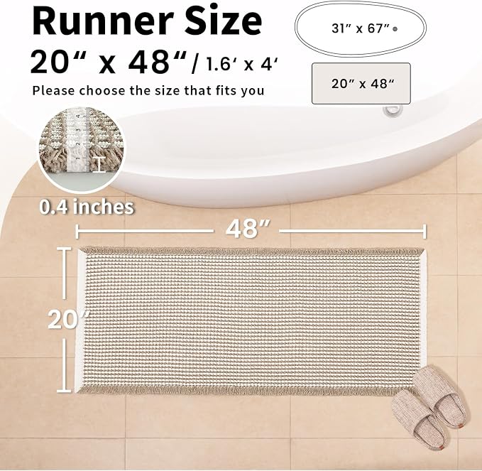 Waffle Bath Mat - Boho Bathroom Rugs Non Slip Washable, Super Absorbent & Quick Dry, Soft Bath Mat Farmhouse Bathroom Decor, 20'' x 48'', Khaki and White