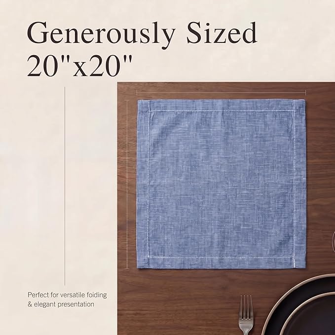 Urban Villa Cloth Napkins 100% Cotton Highly Absorbent Washable Reusable Premium Dinner Napkins Ideal for Gifts for Mothers Day Hotel Farmhouse Parties - Blue/White Chambray (20" x 20", Set of 12)