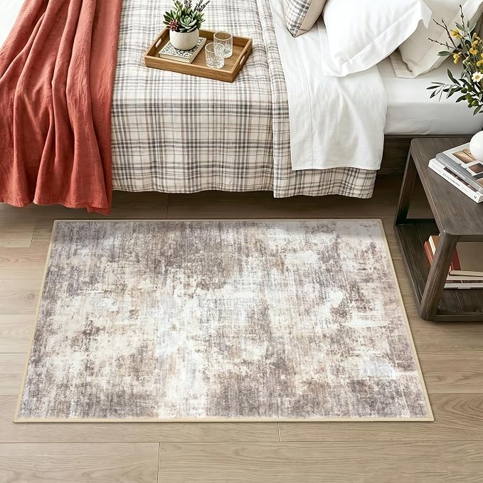 IOHOUZE Abstract Area Rug 3x4 Ft Washable Rugs for Entryway Indoor, Non Slip Kitchen Rug Printed Faux Wool Throw Rugs, Indoor Door Mat for Door Entrance Foyer Living Room, Beige Brown