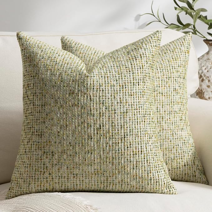 Pack of 2 Neutral Throw Pillow Covers 18x18 Boho Textured Dots Stripe Chenille Square Decorative Pillow Cases Accents for Living Room Couch Bed Farmhouse Home Decor, Lime Green