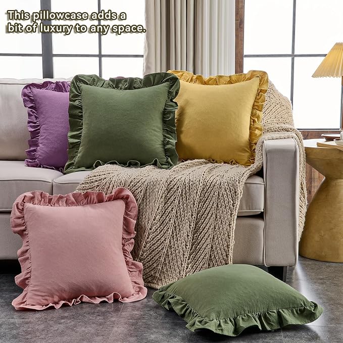 AmHoo Pack of 2 Throw Pillow Covers 100% Cotton Pre Washed Ruffle Decorative Pillowcase Cushion for Couch Sofa Bedroom 20 x 20-Inch Bridal Rose