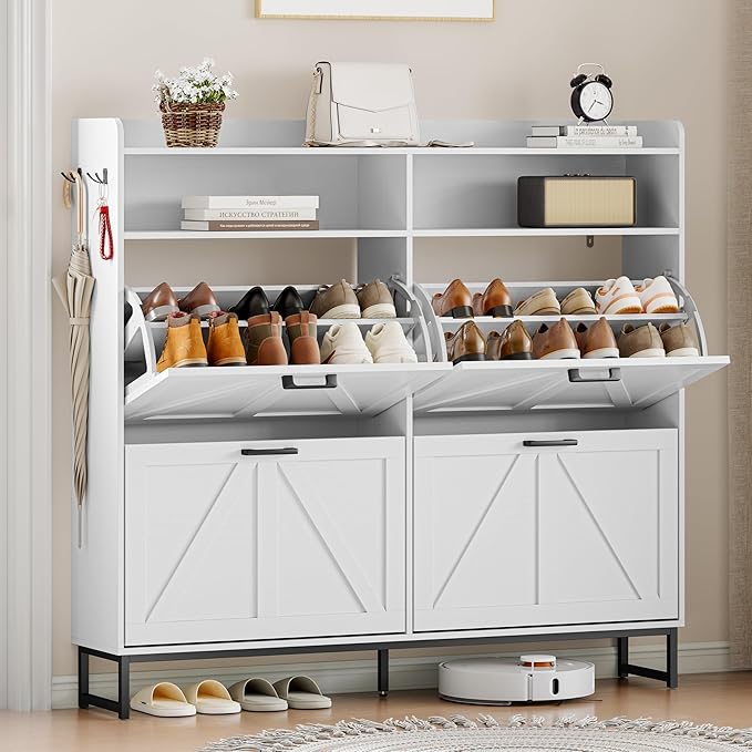Wodeer Shoe Cabinet Storage for Entryway, Shoe Storage Cabinet with 4 Flip Drawers, Freestanding Narrow Shoe Rack Organizer with Metal Legs, Adjustable Shelves & Open Storage for Foyer, Hallway, White