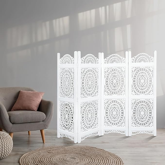 Lightnpro 4-Panel Wooden Room Divider 48 × 64 Inch Antique White Finish - Hand-Carved Oval Folding Privacy Screen, Pre-Assembled Decorative Partition for Living Room, Bedroom & Home Office
