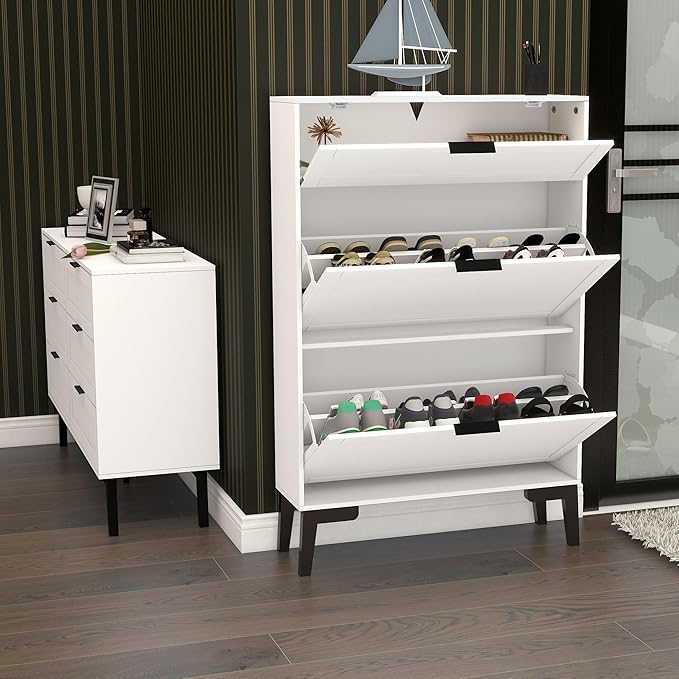 TaoHFE Wooden White Hidden Shoe Cabinet Entryway Shoe Storage Cabinet Narrow Shoe Cabinet Free Standing Shoe Rack Organizer for Closet Shoe Drawer Storage 3 Tier Rack for Front Door Entrance
