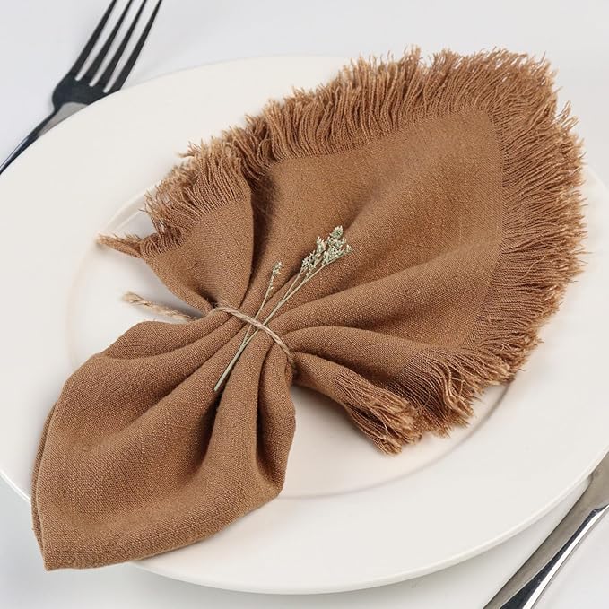 Handmade Cloth Napkins with Fringe,18 x 18 Inches Cotton Linen Napkins Set of 12 Versatile Handmade Square Rustic Fringe Napkins for Dinner, Wedding and Parties, Taupe