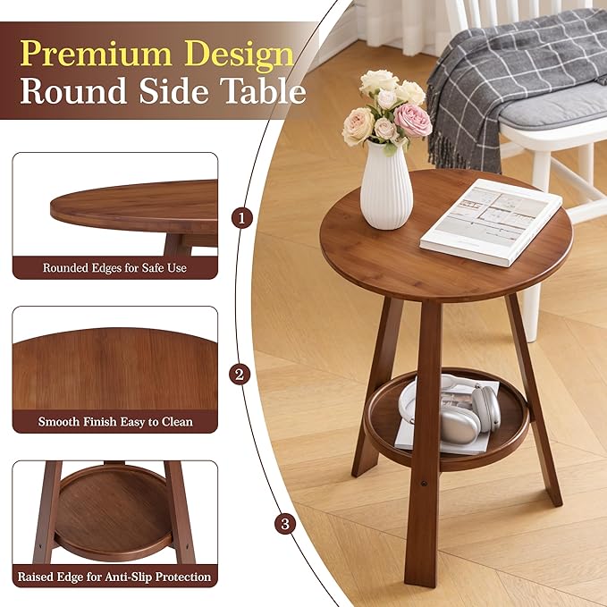Bamboo Round End Table with Storage Shelf, 2-Tier Mid-Century Modern Accent Table, Small Space Side Table Nightstand for Living Room Bedroom Sofa