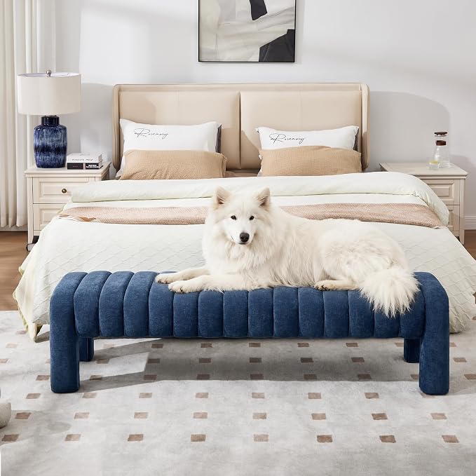 63’’ Bedroom Bench, Upholstered End of Bed Bench with Solid Wood Legs, Modern Long Dining Bench with Full Covered Fabrics for Entryway, Bedroom, Living Room (Blue, Chenille)