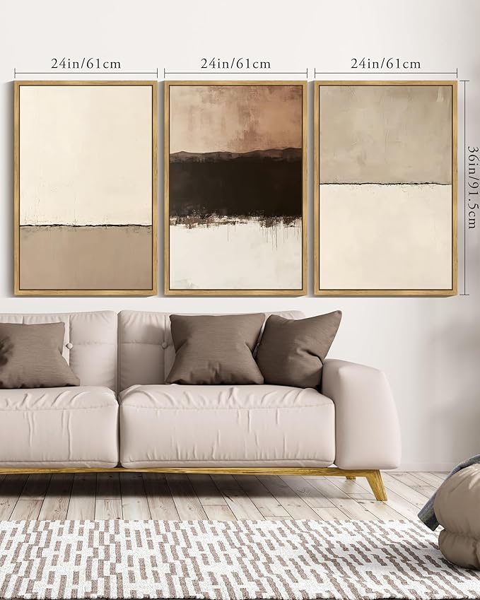 PHOPAGO Neutral Abstract Framed Wall Art Large 24x36in Minimalist Beige Gray Pastel Wall Decor Modern Watercolor Art Paints for Bedroom Dining Room - Natural Framed