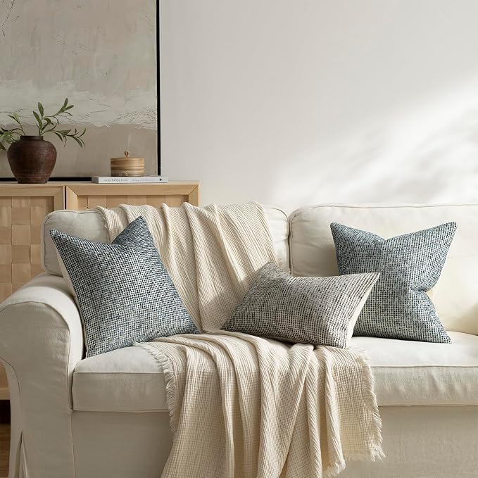 Pack of 2 Neutral Euro Sham Covers 24x24 Boho Textured Dots Stripe Chenille Large Square Decorative Throw Pillow Cases Accents for Bredroom Living Room Couch Bed Farmhouse Home Decor, Turquoise Blue