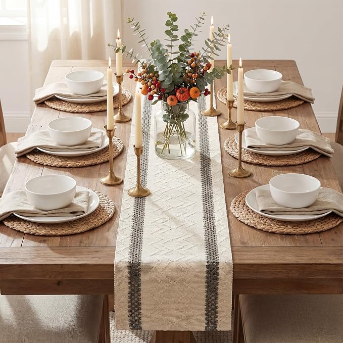 Artoid Mode Dark Grey Stripe Woven Table Runner, Seasonal Holiday Hollow Kitchen Dining Table Decoration for Home Party Decor 12x72 Inch