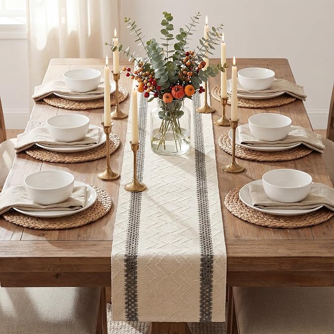 Artoid Mode Dark Grey Stripe Woven Table Runner, Seasonal Holiday Hollow Kitchen Dining Table Decoration for Home Party Decor 12x108 Inch