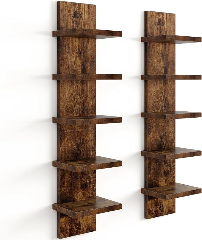 Fun Memories 5 Tier Wall Shelf Unit, Decorative Wall Mount Vertical Shelving, Floating Storage Home Decor Organizer Tall Tower Design Utility Shelving Bedroom Living Room, Brown 2Pack