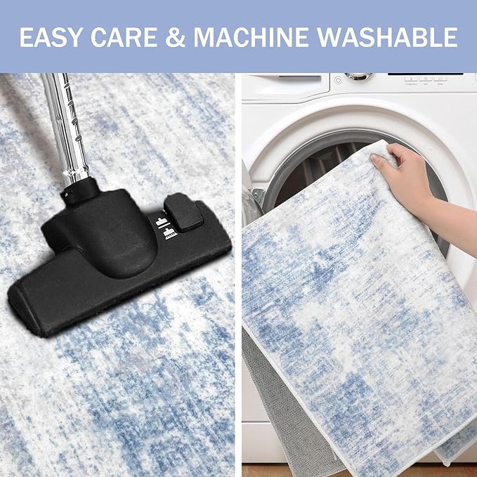 IOHOUZE Abstract Runner Rug 3x6 Ft Washable Runners for Hallways, Non Slip Kitchen Runner Printed Faux Wool Entryway Runners Indoor, Floor Carpet for Hall Kitchen Bedroom, Light Blue Grey