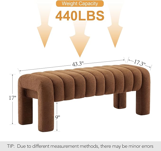 43" Upholstered Boucle Bench Bedroom, Padded Ottoman Bench, Sherpa Window Seat for Living Room Entryway End of Bed, Rust Brown
