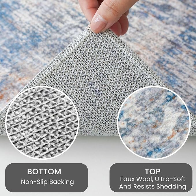 IOHOUZE Abstract Area Rug 4x5 Ft Washable Rugs for Entryway Indoor, Non Slip Small Living Room Rugs Printed Faux Wool Throw Rug, Floor Carpet for Kitchen Nursery Playroom, Blue Rust