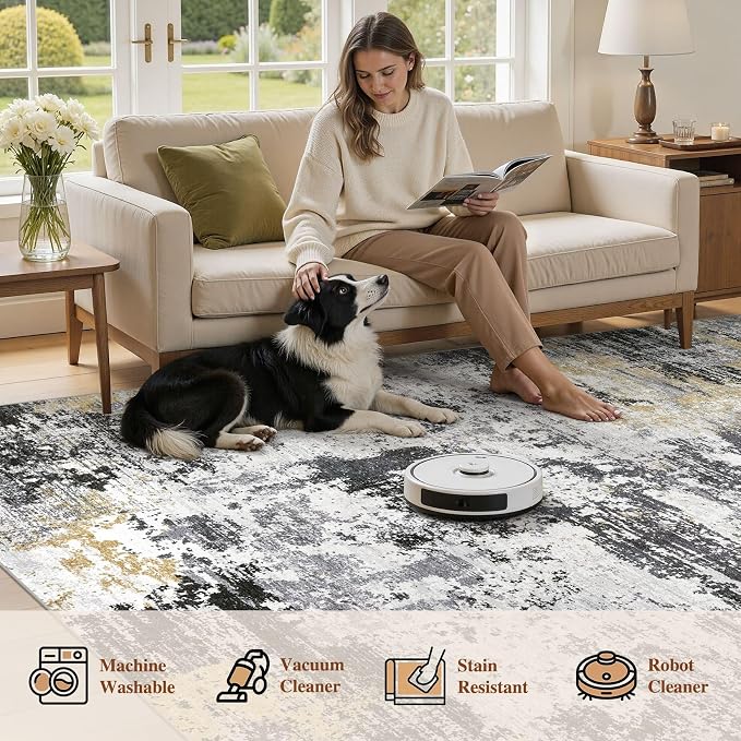 UERMEI 8x10 Area Rug for Living Room - Washable Neutral Modern Abstract Carpet, Non-Slip Soft Large Indoor Floor Rugs for Bedroom Home Office & Under Dining Table Decor, Black/White/Gold