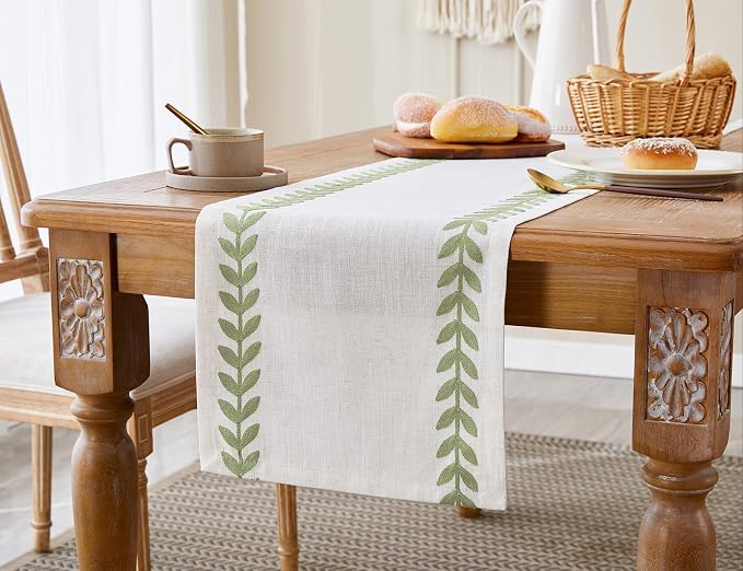 Wracra Embroidered Table Runner Irregular Willow Leaf Table Runners 60 Inches Long for Dresser Home Dining Table Decor,14 x 60 Inch, Light Sage Green