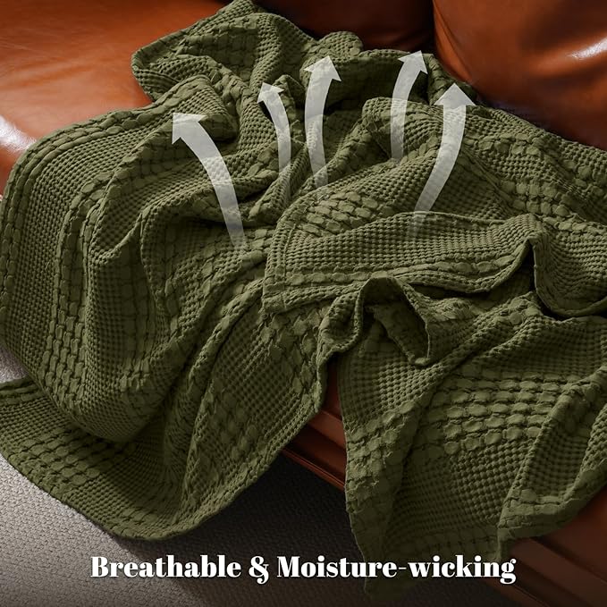 PHF 100% Cotton Waffle Weave Throw Blanket, Soft Lightweight Breathable Cozy Throws for Couch Bed Sofa, Luxury Aesthetic Blanket Gift for Home Decor & Office, 50"x60", Capulet Olive
