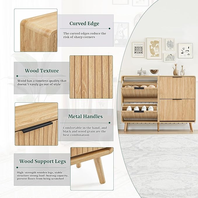 FurSch 47" Fluted Large Shoe Cabinet with 4 Flip Drawers, Slim Freestanding Shoe Cabinet Organizer, Narrow Shoes Storage Rack for Entryway, 5 Sturdy Legs (All Natural, 9.45" D x 47.24" W x 35.83" H)