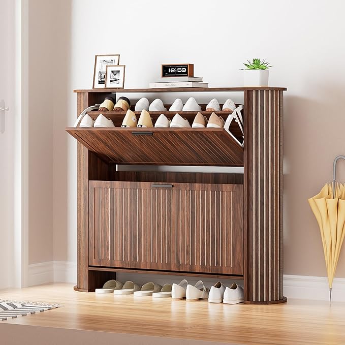 Narrow Shoe Storage Cabinet for Entryway, Slim Fluted Shoe Cabinet with 2 Flip Drawers, Wood Hidden Shoe Rack Organizer for Entry Way, Entrance, Foyer, Hallway, Walnut, Wooden, Thin
