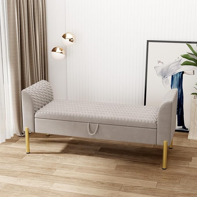 Alunaune Modern Velvet Storage Bedroom Bench End of Bed Bench, Upholstered Armed Entryway Bench Ottoman Settee for Living Room-Grey