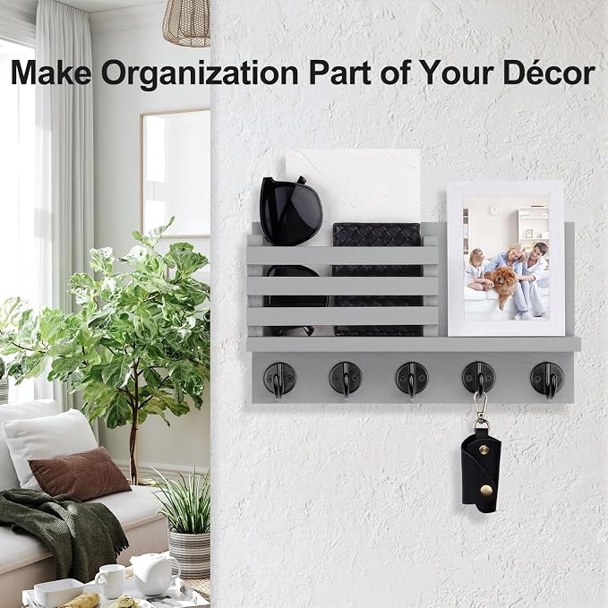 Lwenki Key Holder for Wall – Decorative Wooden Mail Holder and Key Shelf with Mounting Hardware, Installation Guide – Paulownia Wood with Metal Key Hooks (Gray, Large - 11.8inch)