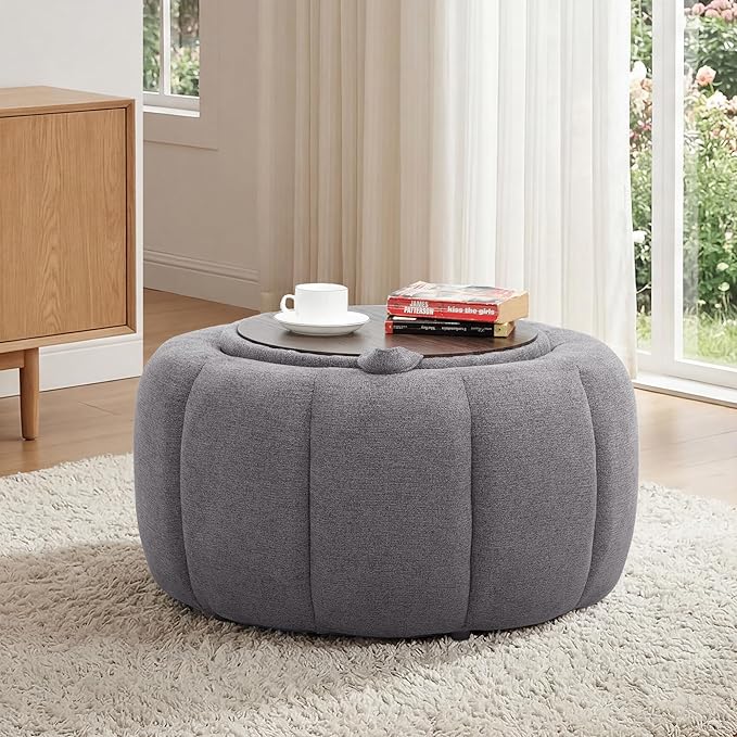 Tbfit Round Storage Ottoman - No Assembly Required, Storage & Sturdy Structure Multi-Functional Seat/Footrest for Living Room, Bedroom & Kids Room Soft Fabric for Family Home Use