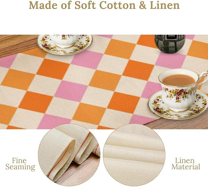 Retro 70s Hippie Table Runner Geometric Square Grid Yellow Orange Pink 1960s 1970s Vintage Country Farmhouse Dinner Runner for Living Room Kitchen Party Holiday 13x36in
